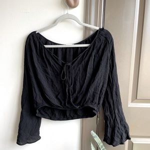 Lush Black Flowy Long Sleeve Cropped Blouse